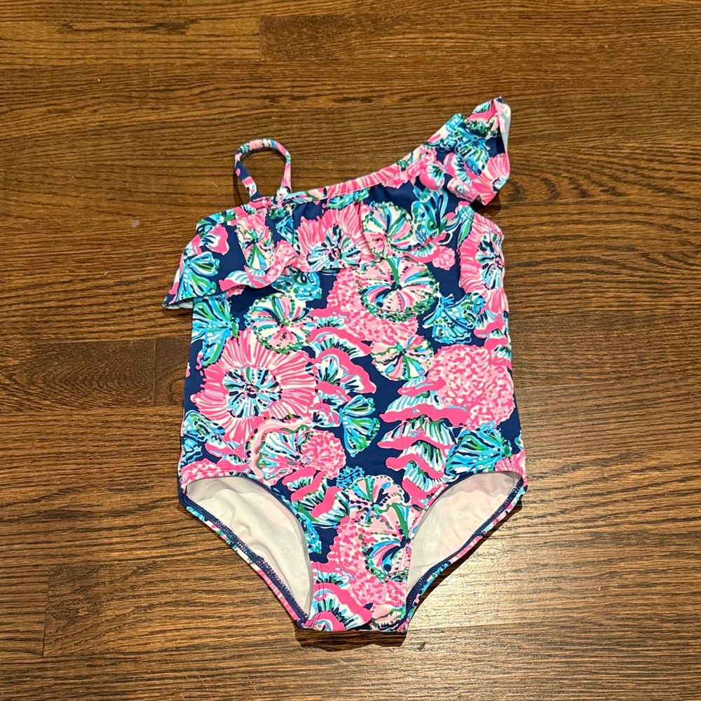 Lilly Pulitzer Pink and Blue Floral Kids One-Shoulder Swimsuit
